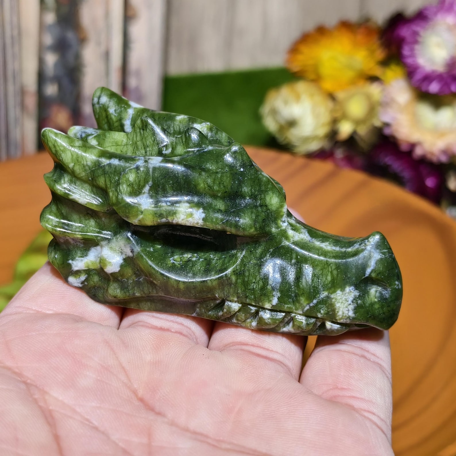 Office Furniture China - 1pc Handcrafted Green Jade Dragon Skull
